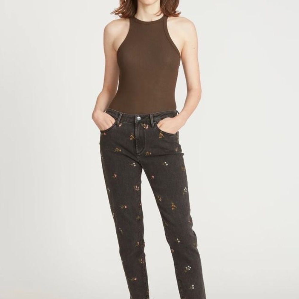 DRIFTWOOD Gizelle Girlfriend Embroidered Distressed Dark Jeans Mid-Rise Skinny
